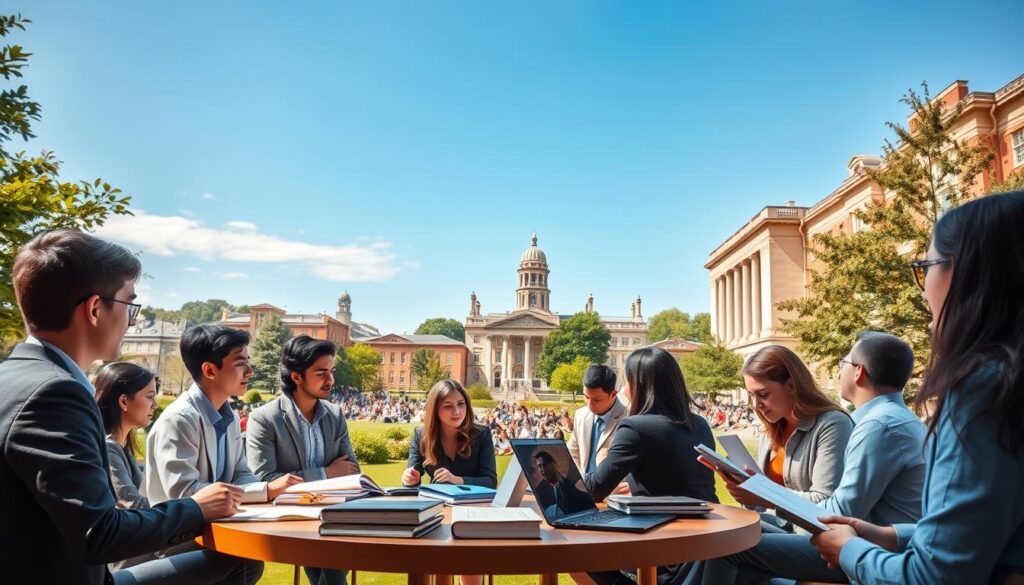 A vibrant university campus scene depicting students engaged in traditional learning environments. In the foreground, a diverse group of students, dressed in professional business attire, are actively participating in a lively discussion at a round table covered with books and laptops. In the middle, a modern lecture hall with a professor presenting engagingly to a captivated audience, highlighting the collaborative essence of stationary studies. In the background, expansive greenery and iconic university buildings under clear blue skies create an inviting and inspiring atmosphere. The lighting is warm and natural, casting soft shadows that enhance the welcoming mood of academic exploration and engagement. The angle captures both the intensity of focused discussions and the serene beauty of the campus.