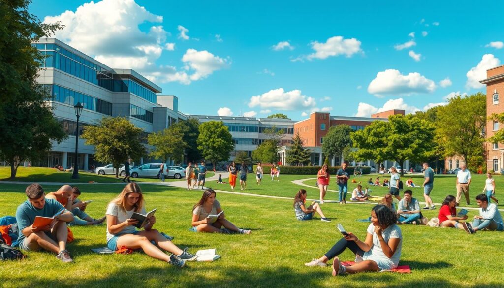 A vibrant university campus scene depicting students enjoying their break during the summer. In the foreground, a diverse group of students in moderate casual clothing relaxes on the grass, reading books and chatting, embodying a sense of camaraderie and joy. The middle layer shows a bustling campus with modern academic buildings and trees, while classmates engage in outdoor activities, such as playing frisbee and having picnics. The background features a clear blue sky with fluffy clouds, suggesting a warm, sunny day. The lighting is bright and cheerful, emphasizing the happy atmosphere and freedom of student life during summer break. The perspective is slightly angled, providing depth and a dynamic view of campus life.