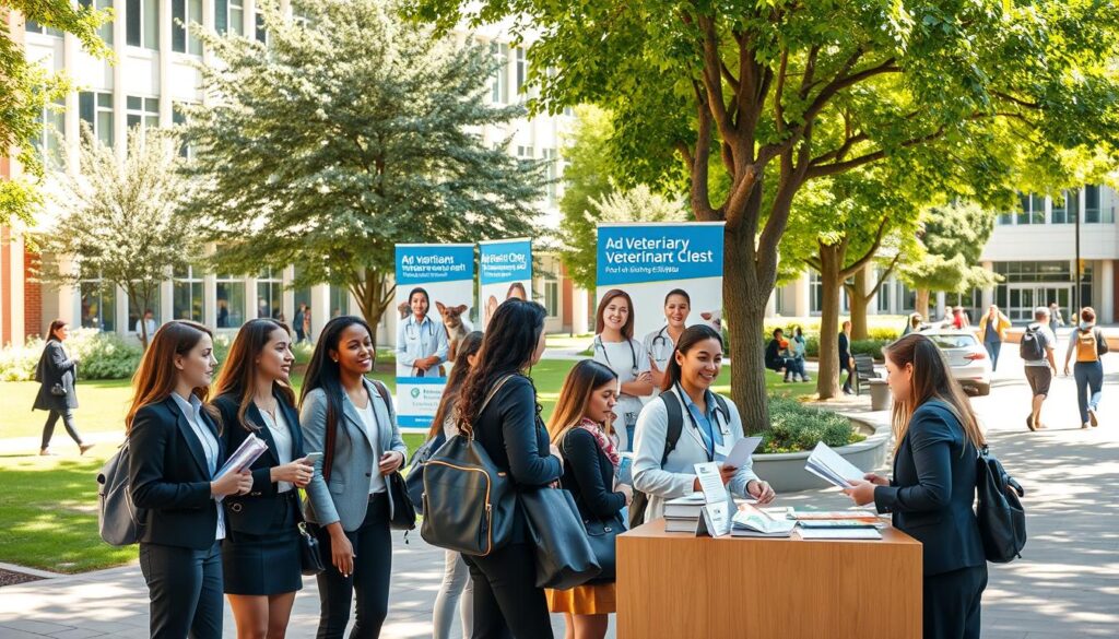 A vibrant university campus scene depicting the recruitment process for veterinary studies. In the foreground, a diverse group of aspiring students, dressed in professional business attire, are engaging with a friendly admissions officer at a recruitment booth filled with informational brochures. In the middle ground, banners with images of animals and veterinary equipment create an inviting atmosphere. The background features a modern university building with large windows, lush greenery, and students walking between classes. Natural sunlight filters through the trees, casting soft shadows on the ground. The mood is enthusiastic and hopeful, capturing the excitement of pursuing a career in veterinary medicine. The composition should have a slightly elevated angle to provide a clear view of the interactions, ensuring a dynamic perspective.