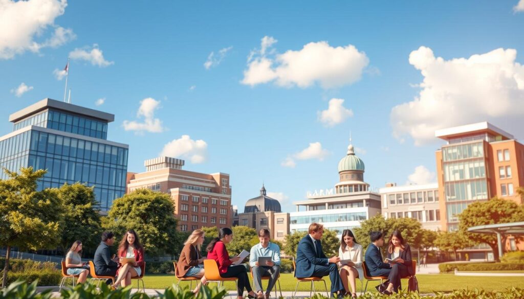 A vibrant university campus scene depicting various fields of study. In the foreground, diverse students, dressed in professional business attire, engage in discussions and study together at a cozy outdoor seating area, surrounded by greenery. The middle ground features iconic academic buildings representing different disciplines, such as a science lab, an art studio, and a business school, showcasing their distinct architectural styles. In the background, a clear blue sky with soft, fluffy clouds conveys a peaceful atmosphere, while warm sunlight bathes the entire scene, creating an inviting and inspiring mood. Use a wide-angle lens to capture the dynamic interactions among students, with a slight depth of field to focus on the foreground while softly blurring the background details. A vibrant university campus scene depicting various fields of study. In the foreground, diverse students, dressed in professional business attire, engage in discussions and study together at a cozy outdoor seating area, surrounded by greenery. The middle ground features iconic academic buildings representing different disciplines, such as a science lab, an art studio, and a business school, showcasing their distinct architectural styles. In the background, a clear blue sky with soft, fluffy clouds conveys a peaceful atmosphere, while warm sunlight bathes the entire scene, creating an inviting and inspiring mood. Use a wide-angle lens to capture the dynamic interactions among students, with a slight depth of field to focus on the foreground while softly blurring the background details.