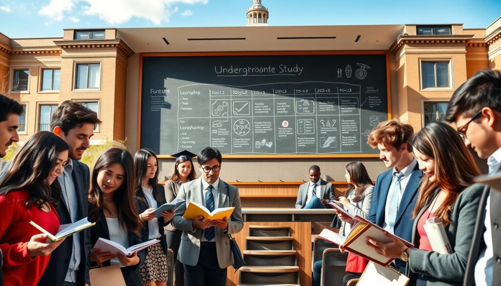 A vibrant university campus scene depicting various students engaged in academic activities. In the foreground, a diverse group of young adults in professional attire, such as blazers and smart casual outfits, are reading books and discussing topics related to their studies. In the middle ground, a modern lecture hall setting with a chalkboard illustrating a timeline of undergraduate study durations, featuring infographics. In the background, the university buildings showcase architectural details under clear blue skies. Soft, natural lighting illuminates the scene, creating an inviting atmosphere of learning and collaboration. The overall mood is focused and inspirational, suggesting both the challenges and rewards of pursuing higher education. A vibrant university campus scene depicting various students engaged in academic activities. In the foreground, a diverse group of young adults in professional attire, such as blazers and smart casual outfits, are reading books and discussing topics related to their studies. In the middle ground, a modern lecture hall setting with a chalkboard illustrating a timeline of undergraduate study durations, featuring infographics. In the background, the university buildings showcase architectural details under clear blue skies. Soft, natural lighting illuminates the scene, creating an inviting atmosphere of learning and collaboration. The overall mood is focused and inspirational, suggesting both the challenges and rewards of pursuing higher education.