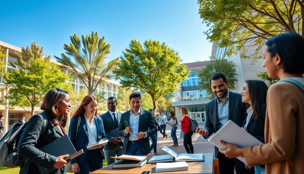 A vibrant university campus scene featuring diverse students engaged in academic discussions outdoors. In the foreground, a group of students dressed in professional business attire, such as blazers and smart casual clothes, are gathered around a table with books, laptops, and notebooks, immersed in conversation. In the middle ground, a modern library and lecture halls can be seen, with students walking purposefully, carrying backpacks. The background features green trees and a clear blue sky, symbolizing a bright future. The lighting is warm and inviting, suggesting a productive day of learning. The angle is slightly elevated, capturing the dynamic interaction and academic environment, creating a mood of inspiration and ambition. A vibrant university campus scene featuring diverse students engaged in academic discussions outdoors. In the foreground, a group of students dressed in professional business attire, such as blazers and smart casual clothes, are gathered around a table with books, laptops, and notebooks, immersed in conversation. In the middle ground, a modern library and lecture halls can be seen, with students walking purposefully, carrying backpacks. The background features green trees and a clear blue sky, symbolizing a bright future. The lighting is warm and inviting, suggesting a productive day of learning. The angle is slightly elevated, capturing the dynamic interaction and academic environment, creating a mood of inspiration and ambition.