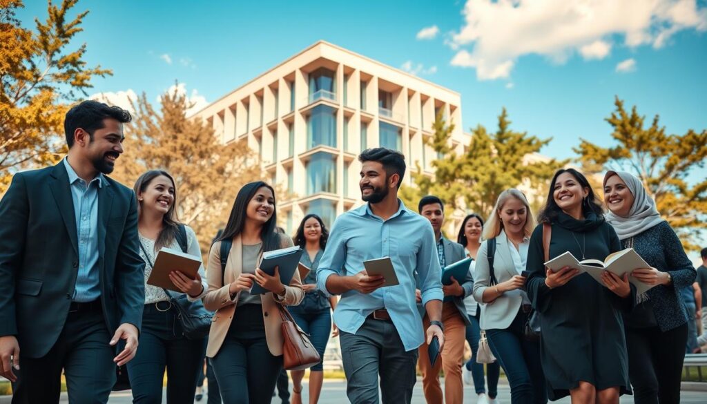 A vibrant university campus scene showcasing the essence of student life. In the foreground, a diverse group of students, both male and female, dressed in professional business attire and modest casual clothing, are engaged in animated discussions as they walk together, books and laptops in hand. In the middle ground, the modern architecture of the university building is prominent, bustling with students going to and from classes. The background features a sunny day with clear blue skies and trees, creating a lively atmosphere. The lighting is bright and warm, capturing the dynamic energy of campus life. The perspective is slightly low, enhancing the depth and focus on both the students and the university environment, reflecting the journey of academic life step by step.