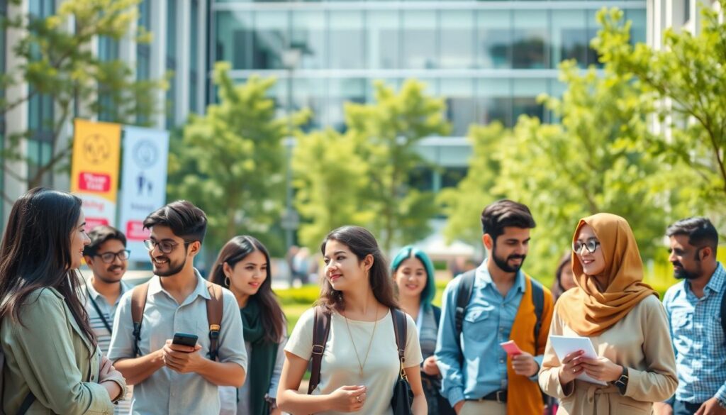 A vibrant university scene showcasing popular study fields in 2025. In the foreground, a diverse group of young adults in professional and modest casual attire, engaged in discussions and studying together. The middle ground features a modern campus with banners displaying symbols of various popular courses like technology, healthcare, and business, surrounded by lush greenery. The background reveals a contemporary academic building with large glass windows, symbolizing innovation and accessibility in education. Bright, uplifting lighting enhances the inviting atmosphere, with a slight depth of field effect to focus on the students while softly blurring the background. The overall mood conveys enthusiasm and ambition, reflecting the exciting prospects of higher education. A vibrant university scene showcasing popular study fields in 2025. In the foreground, a diverse group of young adults in professional and modest casual attire, engaged in discussions and studying together. The middle ground features a modern campus with banners displaying symbols of various popular courses like technology, healthcare, and business, surrounded by lush greenery. The background reveals a contemporary academic building with large glass windows, symbolizing innovation and accessibility in education. Bright, uplifting lighting enhances the inviting atmosphere, with a slight depth of field effect to focus on the students while softly blurring the background. The overall mood conveys enthusiasm and ambition, reflecting the exciting prospects of higher education.