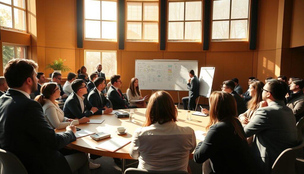 A vibrant university seminar room filled with students engaged in a dynamic discussion. In the foreground, a diverse group of students, dressed in professional business attire, is seated around a large circular table, taking notes and actively participating. In the middle ground, a whiteboard filled with colorful diagrams and bullet points dominates the space, showcasing a presentation about academic topics. The background features tall windows letting in warm sunlight, creating a bright and welcoming atmosphere. Soft shadows from the afternoon sun enhance the room's depth. The overall mood is one of collaboration and intellectual engagement, emphasizing the importance of seminars in academic life, captured with a wide-angle lens for a sense of inclusivity.