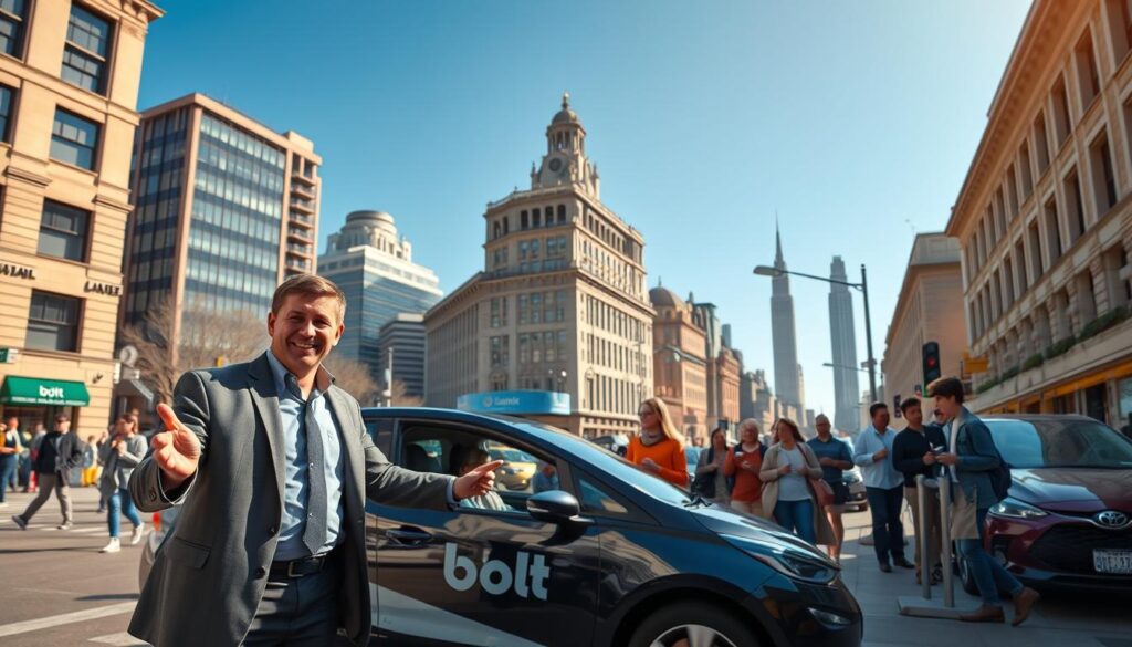 A vibrant urban scene depicting a busy city street suitable for riding with Bolt. In the foreground, a friendly driver in a smart casual outfit stands beside a sleek Bolt vehicle, smiling as they gesture towards potential riders. The middle ground showcases a diverse group of people waiting at a designated ride-sharing area, engaged in conversation and using their smartphones. The background features iconic city buildings under a clear blue sky, with bustling pedestrians and light traffic. The lighting is bright and warm, suggesting a sunny day, with dynamic shadows cast by the buildings. The overall mood is welcoming and energetic, illustrating a thriving environment for ride-sharing services. A vibrant urban scene depicting a busy city street suitable for riding with Bolt. In the foreground, a friendly driver in a smart casual outfit stands beside a sleek Bolt vehicle, smiling as they gesture towards potential riders. The middle ground showcases a diverse group of people waiting at a designated ride-sharing area, engaged in conversation and using their smartphones. The background features iconic city buildings under a clear blue sky, with bustling pedestrians and light traffic. The lighting is bright and warm, suggesting a sunny day, with dynamic shadows cast by the buildings. The overall mood is welcoming and energetic, illustrating a thriving environment for ride-sharing services.