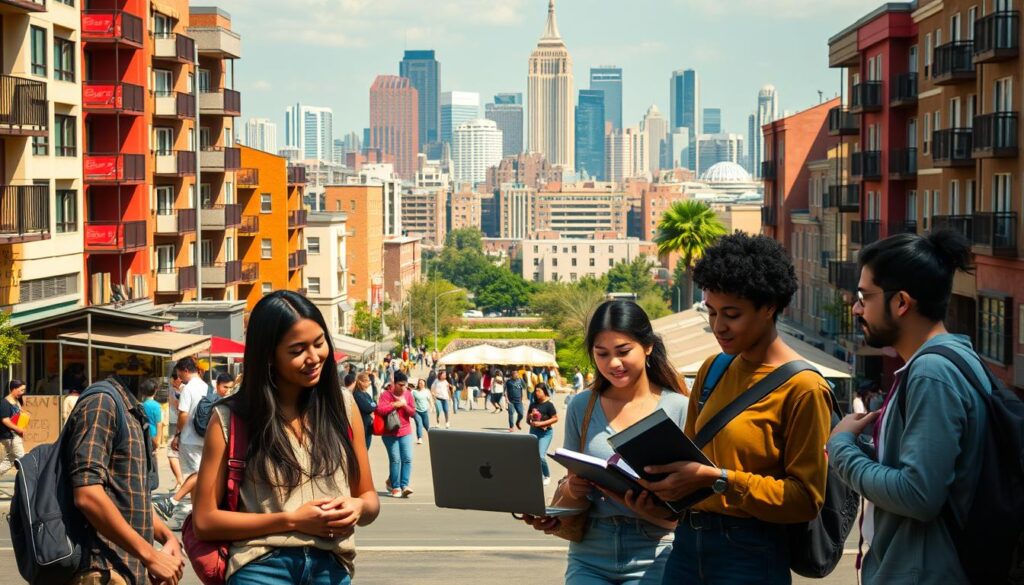 A vibrant urban scene depicting the cost of living for students in the USA. In the foreground, a diverse group of students in modest casual clothing, engaged in discussions while looking at a laptop and taking notes. The middle ground showcases a bustling college campus with affordable housing options, food stalls, and students engaging in various daily activities. The background features a skyline of a typical American city with recognizable architecture. The lighting is warm and inviting, suggesting a sunny day, with a slight focus on the group and a soft blur of the campus behind them. The overall atmosphere is lively and focused on the student experience, emphasizing the balance between study and daily life expenses. A vibrant urban scene depicting the cost of living for students in the USA. In the foreground, a diverse group of students in modest casual clothing, engaged in discussions while looking at a laptop and taking notes. The middle ground showcases a bustling college campus with affordable housing options, food stalls, and students engaging in various daily activities. The background features a skyline of a typical American city with recognizable architecture. The lighting is warm and inviting, suggesting a sunny day, with a slight focus on the group and a soft blur of the campus behind them. The overall atmosphere is lively and focused on the student experience, emphasizing the balance between study and daily life expenses.