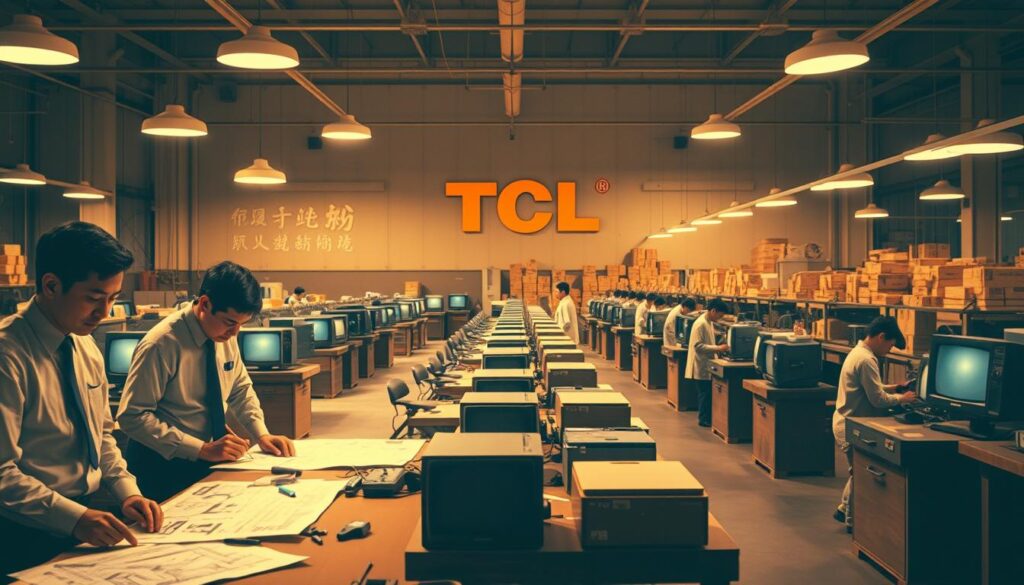 A vintage-inspired depiction of the early beginnings of TCL, showcasing a bustling electronics factory in the late 20th century. In the foreground, several engineers in professional attire are working on television prototypes, with blueprints and tools scattered across the table. The middle ground features assembly lines with workers assembling early model televisions, each piece capturing the essence of innovation. In the background, a large wall displays iconic TCL branding, with machines whirring in motion and boxes stacked high. The lighting is warm and inviting, emphasizing the industrious atmosphere. A slightly tilted angle captures the dynamic energy within the factory, evoking a sense of nostalgia and historical importance. The scene is lively yet focused, portraying the origins of a pioneering technology company.