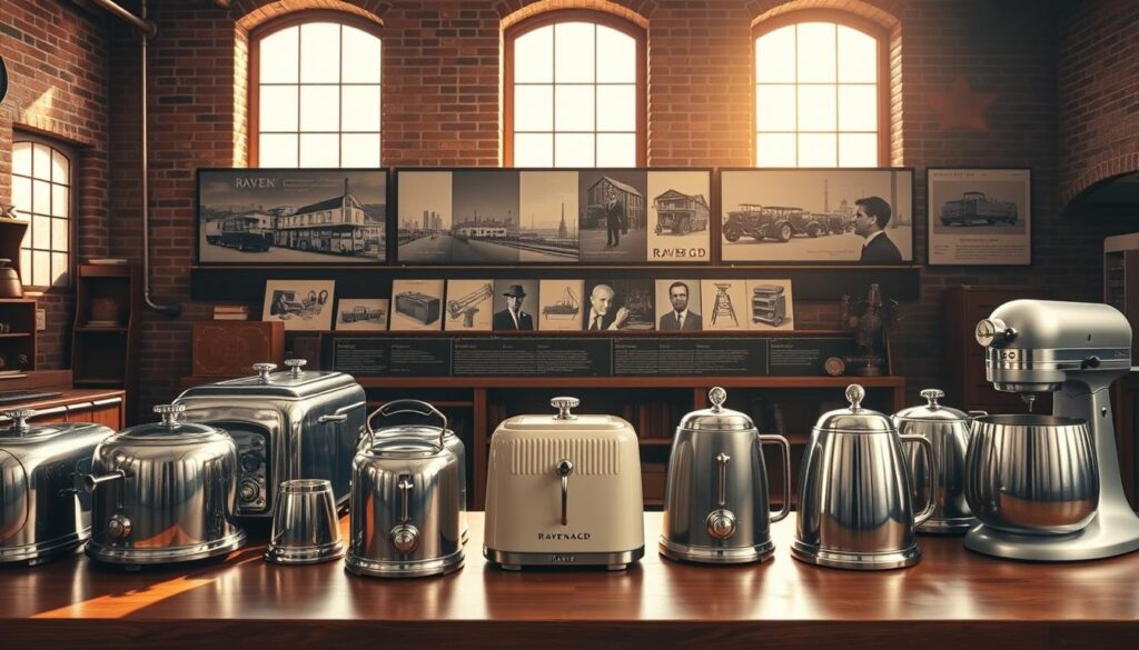 A vintage-inspired scene showcasing the history of the Raven AGD brand. In the foreground, a collection of retro appliances like toasters, kettles, and mixers representing Raven AGD's products from different eras, polished and displayed elegantly. The middle ground features a timeline with sepia-toned photographs of the company’s milestones, such as early factory setups and iconic advertisements. The background showcases an old-fashioned workshop with brick walls, warm light streaming through large windows, casting soft shadows. The atmosphere is nostalgic and inviting, capturing the essence of innovation and tradition, with a focus on the craftsmanship and evolution of household appliances. The overall composition should feel harmonious and historically rich, evoking a sense of pride in local manufacturing.
