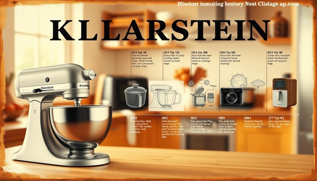 A vintage-style collage illustrating the history of Klarstein, showing a timeline of key products and milestones. In the foreground, a sleek modern appliance, like a kitchen mixer or an air fryer, represents the company's innovation. In the middle ground, historical images or sketches of early products, with blurred edges for a nostalgic feel, transition into contemporaneous models. The background features a warm, inviting kitchen setting, softly lit with natural light coming from a window, creating a cozy atmosphere. The colors are a mix of earthy tones and vibrant accents, symbolizing growth and creativity. The overall mood is inspirational and informative, capturing the essence of Klarstein's evolution in the home appliance industry. A vintage-style collage illustrating the history of Klarstein, showing a timeline of key products and milestones. In the foreground, a sleek modern appliance, like a kitchen mixer or an air fryer, represents the company's innovation. In the middle ground, historical images or sketches of early products, with blurred edges for a nostalgic feel, transition into contemporaneous models. The background features a warm, inviting kitchen setting, softly lit with natural light coming from a window, creating a cozy atmosphere. The colors are a mix of earthy tones and vibrant accents, symbolizing growth and creativity. The overall mood is inspirational and informative, capturing the essence of Klarstein's evolution in the home appliance industry.
