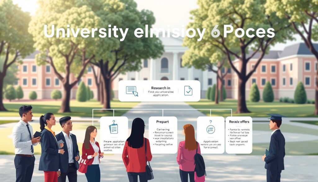 A visual representation of the key steps in the university admission process, illustrated in a sleek, organized infographic style. In the foreground, a diverse group of students dressed in professional attire, showing determination and engagement, is discussing their plans. In the middle section, a clear flowchart outlines the steps: researching universities, preparing applications, gathering documents, attending interviews, and receiving offers. Each step is represented with icons, such as a magnifying glass for research and a checklist for application preparation. In the background, a stylized university campus with trees and buildings adds depth, under soft, natural lighting. The atmosphere is motivational and hopeful, evoking a sense of achievement and anticipation for future students.