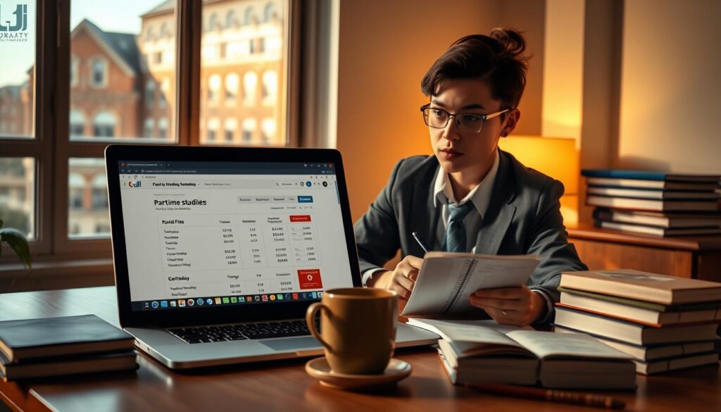 A visually appealing and informative scene depicting the costs of part-time studies in Poland. In the foreground, a professional-looking student is sitting at a desk, reviewing study materials and writing expenses on a notepad, dressed in business casual attire. The middle ground features a laptop open to a university website showing tuition fees, with a coffee cup and a stack of books alongside. In the background, a university building can be seen through a window, suggesting an academic atmosphere. The lighting is warm and inviting, suggesting a focused study environment, with soft shadows to create depth. The overall mood is one of contemplation and determination, illustrating the student’s journey through part-time education and its financial implications. A visually appealing and informative scene depicting the costs of part-time studies in Poland. In the foreground, a professional-looking student is sitting at a desk, reviewing study materials and writing expenses on a notepad, dressed in business casual attire. The middle ground features a laptop open to a university website showing tuition fees, with a coffee cup and a stack of books alongside. In the background, a university building can be seen through a window, suggesting an academic atmosphere. The lighting is warm and inviting, suggesting a focused study environment, with soft shadows to create depth. The overall mood is one of contemplation and determination, illustrating the student’s journey through part-time education and its financial implications.