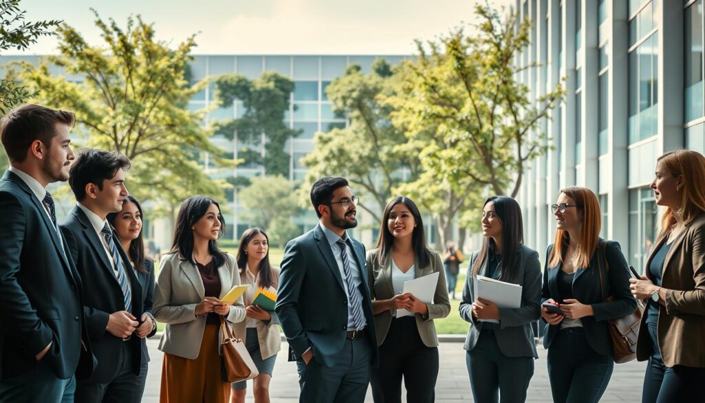 A visually captivating scene depicting various fields of study within a university setting. In the foreground, a diverse group of professional-looking students engaged in discussions, dressed in smart casual and business attire, representing different academic disciplines like law, engineering, psychology, and education. The middle ground features a modern university building with large windows and greenery that symbolizes academic growth and innovation. The background showcases a serene campus environment with trees and students walking, evoking a sense of curiosity and inspiration. Soft, natural lighting enhances the mood, creating an inviting and scholarly atmosphere. The angle is slightly elevated to capture both the students and architectural details of the university, conveying a vibrant educational experience. A visually captivating scene depicting various fields of study within a university setting. In the foreground, a diverse group of professional-looking students engaged in discussions, dressed in smart casual and business attire, representing different academic disciplines like law, engineering, psychology, and education. The middle ground features a modern university building with large windows and greenery that symbolizes academic growth and innovation. The background showcases a serene campus environment with trees and students walking, evoking a sense of curiosity and inspiration. Soft, natural lighting enhances the mood, creating an inviting and scholarly atmosphere. The angle is slightly elevated to capture both the students and architectural details of the university, conveying a vibrant educational experience.