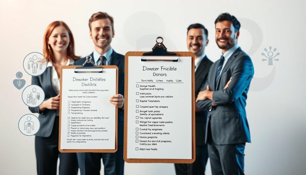 A visually engaging and informative composition illustrating the requirements for bone marrow donors. In the foreground, a diverse group of three individuals—one woman and two men—dressed in professional business attire, looking hopeful and determined, are standing together. They are surrounded by informative visuals such as diagrams and icons representing health and eligibility criteria, creating a sense of community and support. In the middle ground, a clipboard with a checklist displaying various donor requirements is partially visible, emphasizing the topic. The background features soft, diffused lighting that conveys a warm and encouraging atmosphere, with abstract shapes symbolizing life and growth. The scene is captured from a slightly elevated angle to enhance depth and focus on the donor group, conveying a sense of optimism and connection.