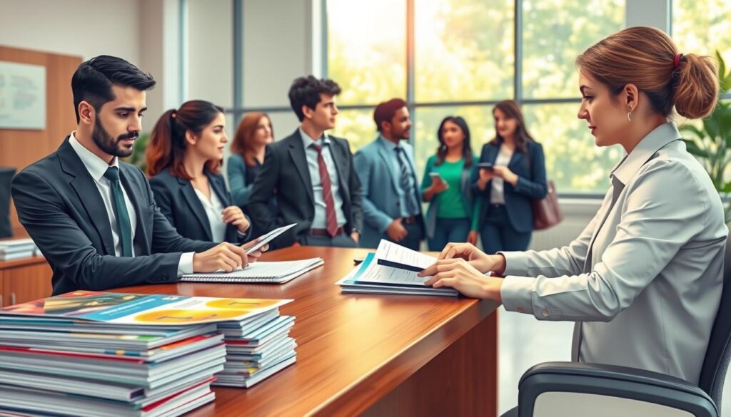 A visually engaging illustration depicting a university admission office scene focused on "score thresholds for university studies." In the foreground, display a polished wooden desk stacked with colorful brochures about higher education programs. A well-dressed, professional-looking admissions officer reviews applications with a thoughtful expression. In the middle ground, showcase a diverse group of students, each dressed in business casual attire, engaged in animated discussions about their academic ambitions. The background should feature a large window with natural sunlight filtering through, illuminating the room and creating a warm, inviting atmosphere. Use a soft focus on the background for depth, while maintaining clarity on the foreground subjects. Aim for an optimistic and motivating mood, reflecting the hope and determination associated with academic pursuits. A visually engaging illustration depicting a university admission office scene focused on "score thresholds for university studies." In the foreground, display a polished wooden desk stacked with colorful brochures about higher education programs. A well-dressed, professional-looking admissions officer reviews applications with a thoughtful expression. In the middle ground, showcase a diverse group of students, each dressed in business casual attire, engaged in animated discussions about their academic ambitions. The background should feature a large window with natural sunlight filtering through, illuminating the room and creating a warm, inviting atmosphere. Use a soft focus on the background for depth, while maintaining clarity on the foreground subjects. Aim for an optimistic and motivating mood, reflecting the hope and determination associated with academic pursuits.