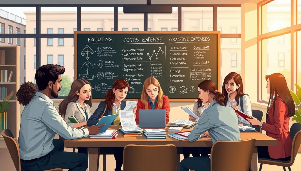A visually engaging illustration depicting the factors influencing the costs of education, captured in a modern educational setting. In the foreground, a diverse group of students, dressed in professional attire, are gathered around a table filled with books, laptops, and financial documents, examining their expenses. The middle ground features a chalkboard filled with diagrams and statistics related to tuition, living expenses, and scholarship opportunities. In the background, a university building is partially visible through large windows, with soft daylight filtering in, creating an inviting atmosphere. The mood is focused yet optimistic, conveying the importance of financial planning in education. Use a slightly elevated angle to capture the scene, ensuring clarity and engagement in composition.