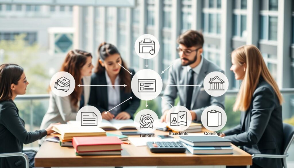 A visually engaging infographic depicting the factors influencing the cost of academic conditions. In the foreground, showcase a diverse group of students in professional attire, engaged in discussions around a table filled with books, a laptop, and a calculator. In the middle, illustrate icons representing various cost factors such as tuition, study materials, and student services, connected by arrows to emphasize relationships. In the background, create an academic setting with a modern university campus, enhancing the scholarly atmosphere. Use bright, natural lighting to evoke a sense of clarity and optimism, with a shallow depth of field focusing on the students and icons. The overall mood should be informative and inspiring, suitable for an educational article.