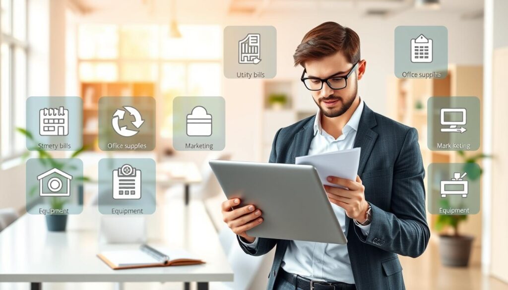 A visually engaging infographic-style illustration depicting different types of costs in a sole proprietorship. In the foreground, a professional individual, dressed in smart casual business attire, is analyzing financial documents with a laptop open, surrounded by various icons representing costs such as utility bills, office supplies, marketing, and equipment. The middle ground features a clean, organized workspace with a small desk and a planner, suggesting a productive business environment. The background should be softly blurred, showing a bright office space with natural light filtering through large windows, creating a warm and motivating atmosphere. The overall mood is focused and professional, conveying the essence of managing expenses in a small business. A visually engaging infographic-style illustration depicting different types of costs in a sole proprietorship. In the foreground, a professional individual, dressed in smart casual business attire, is analyzing financial documents with a laptop open, surrounded by various icons representing costs such as utility bills, office supplies, marketing, and equipment. The middle ground features a clean, organized workspace with a small desk and a planner, suggesting a productive business environment. The background should be softly blurred, showing a bright office space with natural light filtering through large windows, creating a warm and motivating atmosphere. The overall mood is focused and professional, conveying the essence of managing expenses in a small business.