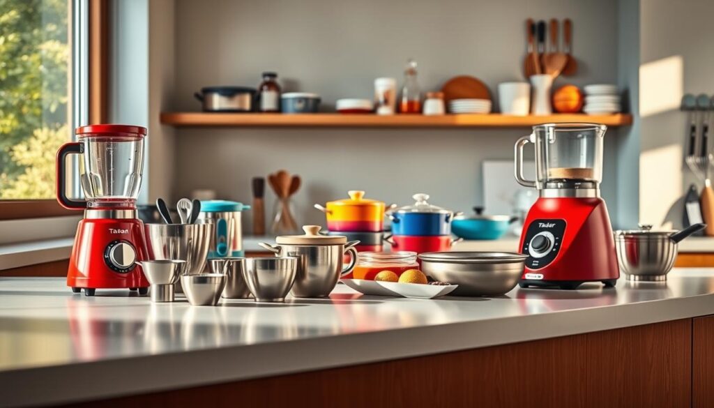 A visually striking display of Tadar products showcased on a sleek, modern countertop. In the foreground, an eye-catching arrangement of kitchen gadgets, including a vibrant red blender, stainless steel measuring cups, and a stylish food processor. The middle ground captures an assortment of colorful cookware and bakeware, expertly illuminated with warm, natural light streaming from a nearby window. In the background, a subtle hint of a well-organized kitchen shelf filled with spices and utensils, adding depth to the scene. The mood is vibrant and inviting, highlighting the innovation and practicality of Tadar's offerings, with a clean and professional aesthetic. The composition features a slight angled perspective, enhancing the viewer's engagement with the products. No text or branding is present, ensuring a focus on the products themselves.