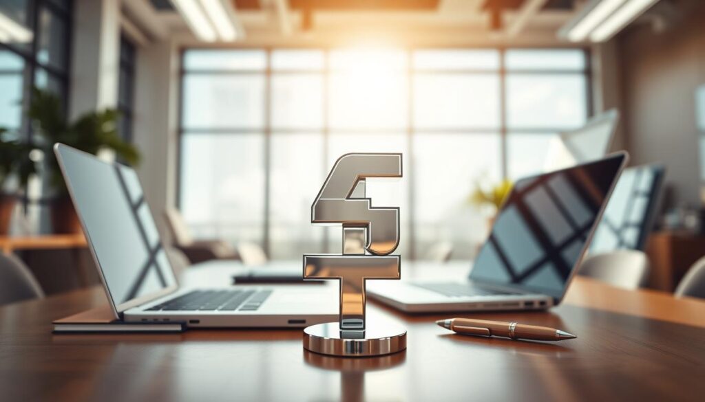 A visually striking image depicting a trademark symbol as the focal point, set against a professional office backdrop. In the foreground, the trademark symbol, designed in a sleek and modern style, appears polished with a reflective surface to catch the light. The middle ground showcases a neatly organized desk with essential business tools such as a laptop, notepad, and pen, all conveying a sense of professionalism. In the background, a blurred office environment with large windows allows natural light to flood the scene, creating a bright and optimistic atmosphere. The overall mood should be inspiring and focused, emphasizing the importance of trademarks in a business context. The image should be vibrant yet polished, reflecting a clean aesthetic.