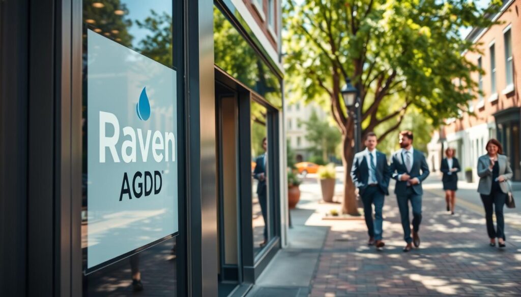 A visually striking image depicting the location of Raven AGD, a well-known appliance company. In the foreground, a sleek, modern storefront featuring the Raven AGD logo prominently displayed on the window. The middle section includes a busy street scene with professionals walking by, all dressed in smart business attire, engaged in conversations. Background features a quaint, brick-paved street lined with green trees, creating a pleasant atmosphere. Natural daylight enhances the scene, casting soft shadows that suggest a sunny afternoon. Capture the essence of a thriving business environment, conveying a sense of innovation and local pride associated with Raven AGD, all framed with a low-angle perspective to emphasize the storefront.