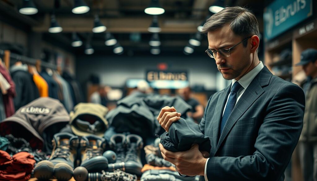 A visually striking representation of quality controversies surrounding Elbrus products. In the foreground, a professional, well-dressed individual examines a damaged Elbrus product with a critical expression, symbolizing scrutiny and concern. In the middle, various Elbrus items are arranged to emphasize their diverse range – outdoor gear, apparel, and accessories – showcasing signs of wear and dissatisfaction, like fraying seams or worn-out soles. The background features a blurred, dimly lit retail environment to suggest a marketplace atmosphere, with shadows elongating to create a sense of unease. Soft, focused lighting highlights the subject’s thoughtful stance while maintaining a subtle contrast to the surroundings, invoking a serious mood of consumer skepticism and quality assessment.