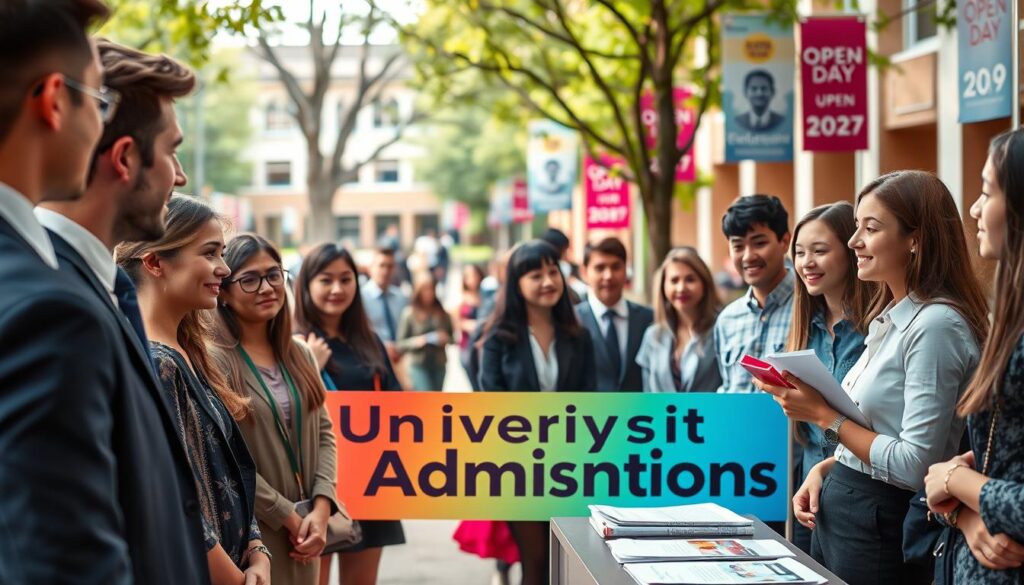A vivid scene depicting university recruitment in an academic setting. In the foreground, a diverse group of students, both male and female, of various ethnicities, are attentively listening to a presenter, dressed in professional business attire, at a recruitment stand. The middle ground features a colorful banner displaying the words "University Admissions" with brochures and information sheets scattered on the table. In the background, a well-lit university campus with trees, students walking between buildings, and banners signaling open day events creates a vibrant atmosphere. Soft natural lighting enhances the inviting feel, while a slight depth of field focuses on the eager expressions of the students. The mood is optimistic and aspirational, emphasizing the excitement and importance of university admissions and requirements. A vivid scene depicting university recruitment in an academic setting. In the foreground, a diverse group of students, both male and female, of various ethnicities, are attentively listening to a presenter, dressed in professional business attire, at a recruitment stand. The middle ground features a colorful banner displaying the words "University Admissions" with brochures and information sheets scattered on the table. In the background, a well-lit university campus with trees, students walking between buildings, and banners signaling open day events creates a vibrant atmosphere. Soft natural lighting enhances the inviting feel, while a slight depth of field focuses on the eager expressions of the students. The mood is optimistic and aspirational, emphasizing the excitement and importance of university admissions and requirements.