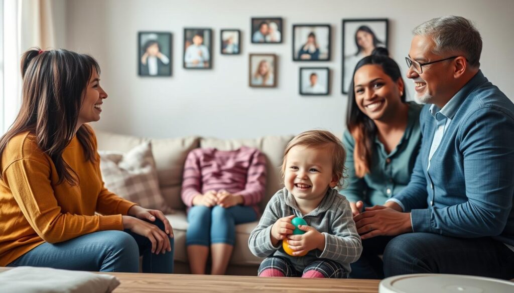 A warm and inviting living room setting that symbolizes the journey of becoming a foster family. In the foreground, a diverse group of individuals—two adults and a child—are engaged in a cheerful conversation, appearing supportive and encouraging. The adults, dressed in casual but tidy clothing, exude warmth and professionalism, while the child smiles brightly, holding a colorful toy. In the middle ground, a cozy couch is adorned with family pictures on the walls, emphasizing connection and love. The background features a window with soft natural light streaming in, casting a gentle glow on the scene, creating a hopeful and nurturing atmosphere. The image conveys a sense of belonging, security, and readiness, illustrating the essence of fostering. A warm and inviting living room setting that symbolizes the journey of becoming a foster family. In the foreground, a diverse group of individuals—two adults and a child—are engaged in a cheerful conversation, appearing supportive and encouraging. The adults, dressed in casual but tidy clothing, exude warmth and professionalism, while the child smiles brightly, holding a colorful toy. In the middle ground, a cozy couch is adorned with family pictures on the walls, emphasizing connection and love. The background features a window with soft natural light streaming in, casting a gentle glow on the scene, creating a hopeful and nurturing atmosphere. The image conveys a sense of belonging, security, and readiness, illustrating the essence of fostering.