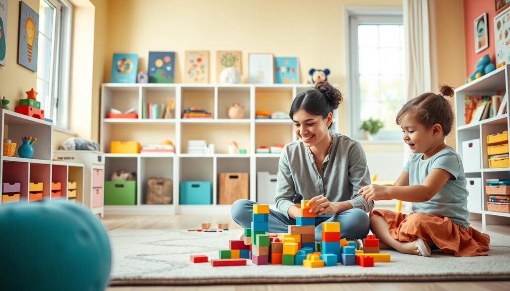A warm and inviting scene depicting a child psychologist engaged in playful activities with children in a bright, colorful therapy room. In the foreground, a compassionate adult wearing modest casual clothing is sitting on a soft mat with two children, one boy and one girl, who are joyfully playing with building blocks. In the middle ground, shelves filled with educational toys, books, and art supplies create a nurturing environment. The walls are painted in cheerful hues, adorned with child-friendly artwork. In the background, a large window lets in soft, natural light, enhancing the atmosphere of warmth and safety. Capture the mood of encouragement and engagement, emphasizing the connection between the psychologist and the children. Use a wide-angle lens for an immersive perspective, highlighting the playful interaction amid a professional yet inviting setting.