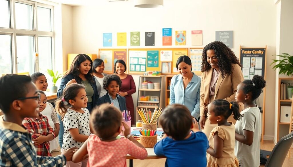 A warm, inviting scene depicting an inclusive community support center for children in need. In the foreground, a caring diverse group of adults in professional business attire interacts with smiling children, offering assistance and guidance. The middle ground features a welcoming space filled with colorful posters and educational materials. A round table is adorned with art supplies, symbolizing creativity and hope. In the background, large windows let in soft, natural light, illuminating the room and enhancing the cheerful atmosphere. The lighting is bright yet soft, creating an inviting mood. Capture the essence of collaboration, compassion, and the joy of helping children in need, emphasizing the transformative impact of becoming a foster family. A warm, inviting scene depicting an inclusive community support center for children in need. In the foreground, a caring diverse group of adults in professional business attire interacts with smiling children, offering assistance and guidance. The middle ground features a welcoming space filled with colorful posters and educational materials. A round table is adorned with art supplies, symbolizing creativity and hope. In the background, large windows let in soft, natural light, illuminating the room and enhancing the cheerful atmosphere. The lighting is bright yet soft, creating an inviting mood. Capture the essence of collaboration, compassion, and the joy of helping children in need, emphasizing the transformative impact of becoming a foster family.