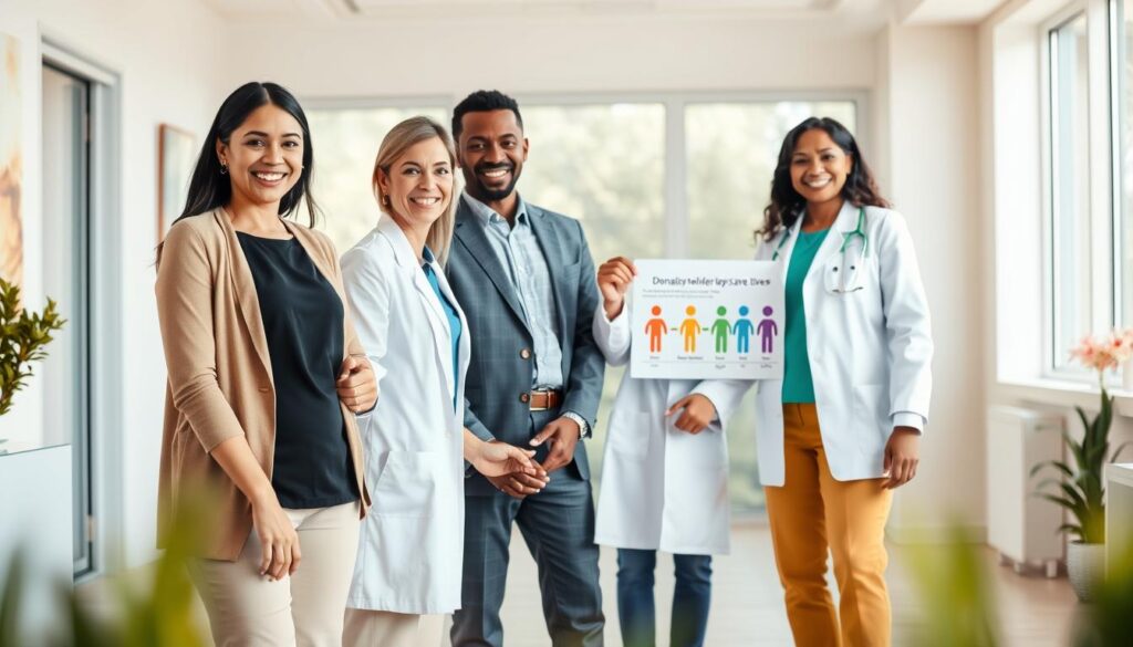 A warm, inviting scene in a bright, modern clinic, showcasing the benefits of becoming a bone marrow donor. In the foreground, a smiling, diverse group of people in professional attire, including a Caucasian woman, a Black man, and an Asian woman, stand together, proudly holding hands and displaying solidarity. In the middle ground, a compassionate doctor in a lab coat explains the donation process, using a visual chart illustrating how donation helps save lives. The background features calming colors and soft natural light filtering through large windows, creating a positive and hopeful atmosphere. The image evokes a sense of community, support, and the importance of donation, emphasizing the life-saving potential of bone marrow donation. The focus should be sharp on the subjects, with a slight depth of field to blur the background gently.