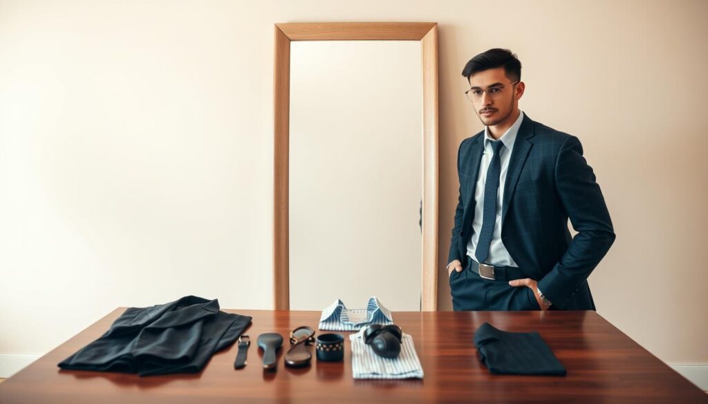 A well-dressed individual in a professional business outfit stands confidently against a soft, neutral background while contemplating their attire for a recruitment photo. The foreground features a polished wooden table adorned with various clothing options, including a blazer, dress shirt, and stylish accessories. In the middle ground, a large mirror reflects the subject's thoughtful expression as they consider their choices, creating a sense of introspection. The lighting is soft and evenly distributed, casting a warm glow that enhances the serene atmosphere. The angle is slightly above eye level, allowing for a clear view of the subject and their outfit selection. This image conveys a mood of preparation and professionalism, ideal for someone getting ready for an important recruitment photo.