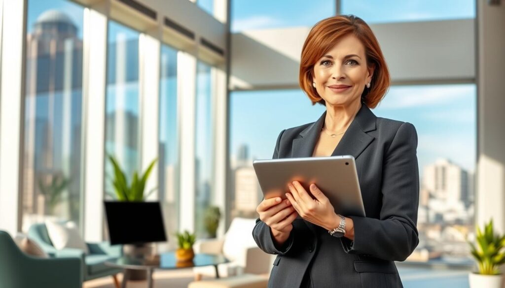 A well-dressed real estate agent, a middle-aged woman with short brown hair, stands confidently in an elegant office space. In the foreground, she is holding a tablet displaying property listings. The background features large windows with a city skyline, showcasing tall buildings and a clear blue sky, suggesting a bright and optimistic mood. Soft, natural lighting enhances the professional atmosphere. In the middle ground, there are stylish furniture pieces, including a modern desk and potted plants, symbolizing a welcoming environment for clients. The focus is on the agent's expression of determination and expertise, highlighting her key skills in negotiation and communication, showcased through her confident stance and engaging demeanor.
