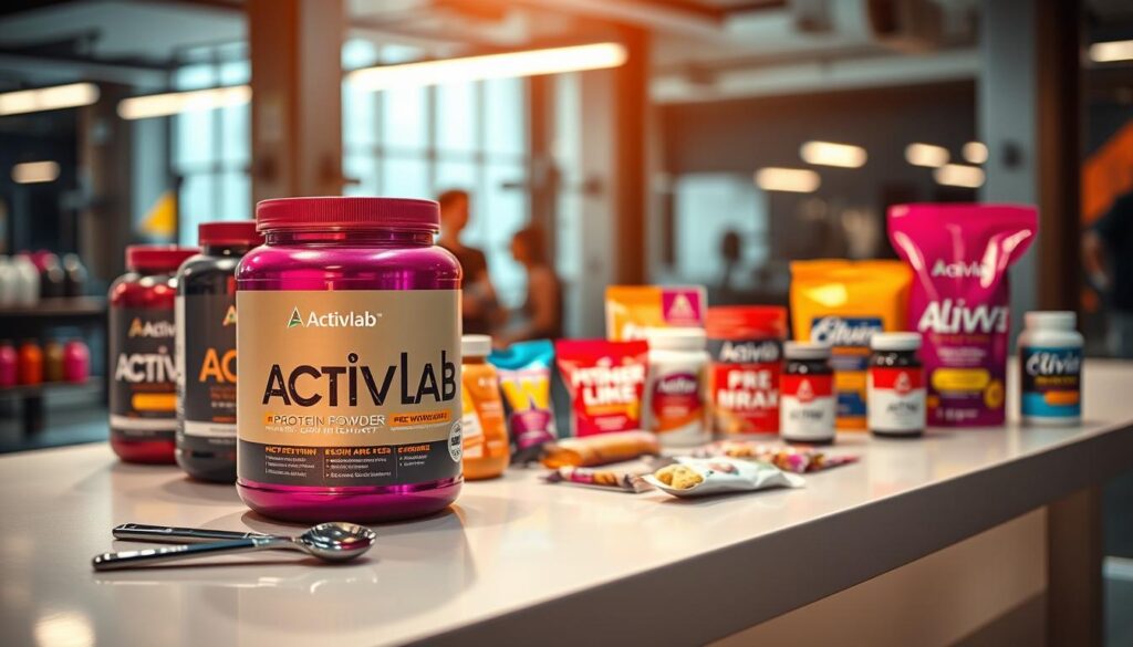 A well-lit display of Activlab nutritional supplements, featuring a variety of colorful protein powders, pre-workouts, and vitamins neatly arranged on a sleek modern counter. In the foreground, a prominently placed tub of Activlab protein powder is shown with a scoop beside it, glistening under warm, inviting lighting. The middle ground showcases additional products like energy bars and drink mixes in vibrant packaging, while in the background, a blurred gym setting evokes a sense of fitness and health. The atmosphere is energetic and motivating, perfect for illustrating a brand focused on performance and wellbeing. The image captures a clean and professional aesthetic, emphasizing quality and trust in nutrition. A well-lit display of Activlab nutritional supplements, featuring a variety of colorful protein powders, pre-workouts, and vitamins neatly arranged on a sleek modern counter. In the foreground, a prominently placed tub of Activlab protein powder is shown with a scoop beside it, glistening under warm, inviting lighting. The middle ground showcases additional products like energy bars and drink mixes in vibrant packaging, while in the background, a blurred gym setting evokes a sense of fitness and health. The atmosphere is energetic and motivating, perfect for illustrating a brand focused on performance and wellbeing. The image captures a clean and professional aesthetic, emphasizing quality and trust in nutrition.