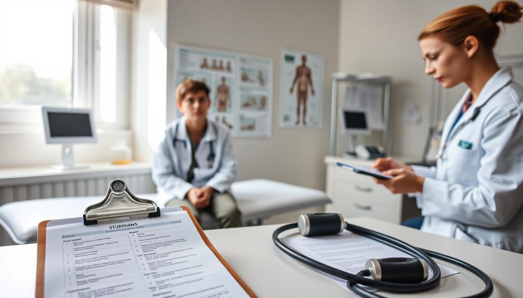 A well-lit medical examination room, featuring a patient sitting on an exam table, dressed in modest casual clothing, looking slightly anxious while a healthcare professional in a white lab coat prepares medical equipment. In the foreground, a clipboard with medical forms detailing various required examinations can be seen. In the middle, clean and organized medical tools, such as a stethoscope and blood pressure monitor, are placed neatly on a counter. The background showcases anatomical charts and a window allowing natural light to filter in, creating a calm, professional atmosphere. The overall mood is one of diligence and thoroughness, emphasizing the importance of medical examinations for students. The image is framed to capture the interactions between the patient and the healthcare professional while maintaining a focus on their expressions and the medical environment. A well-lit medical examination room, featuring a patient sitting on an exam table, dressed in modest casual clothing, looking slightly anxious while a healthcare professional in a white lab coat prepares medical equipment. In the foreground, a clipboard with medical forms detailing various required examinations can be seen. In the middle, clean and organized medical tools, such as a stethoscope and blood pressure monitor, are placed neatly on a counter. The background showcases anatomical charts and a window allowing natural light to filter in, creating a calm, professional atmosphere. The overall mood is one of diligence and thoroughness, emphasizing the importance of medical examinations for students. The image is framed to capture the interactions between the patient and the healthcare professional while maintaining a focus on their expressions and the medical environment.