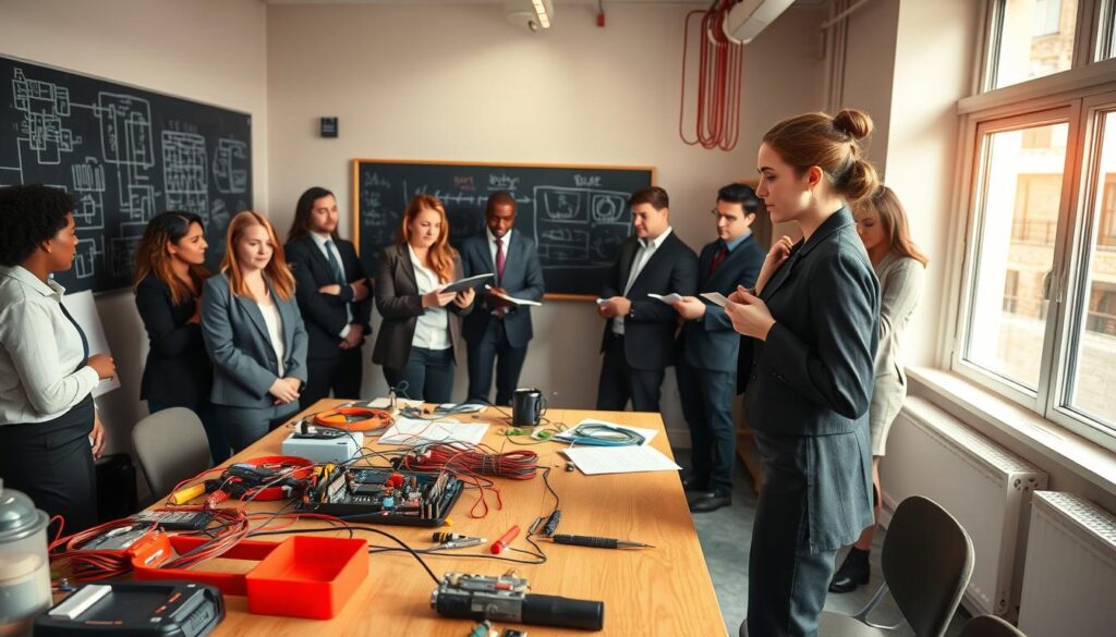 A well-organized classroom setting focused on an electrical training course, featuring a diverse group of students dressed in professional business attire, actively engaged in learning. In the foreground, a female instructor demonstrates wiring techniques on a workbench filled with tools, circuit boards, and safety equipment, while students take notes. The middle ground showcases a chalkboard filled with diagrams of electrical circuits and safety protocols. The background reveals large windows letting in warm, natural light, creating an inviting, focused atmosphere. The scene captures a sense of motivation and aspiration, embodying the essence of "Kurs elektryczny - klucz do sukcesu," emphasizing skills and teamwork in a bright, encouraging environment. A well-organized classroom setting focused on an electrical training course, featuring a diverse group of students dressed in professional business attire, actively engaged in learning. In the foreground, a female instructor demonstrates wiring techniques on a workbench filled with tools, circuit boards, and safety equipment, while students take notes. The middle ground showcases a chalkboard filled with diagrams of electrical circuits and safety protocols. The background reveals large windows letting in warm, natural light, creating an inviting, focused atmosphere. The scene captures a sense of motivation and aspiration, embodying the essence of "Kurs elektryczny - klucz do sukcesu," emphasizing skills and teamwork in a bright, encouraging environment.