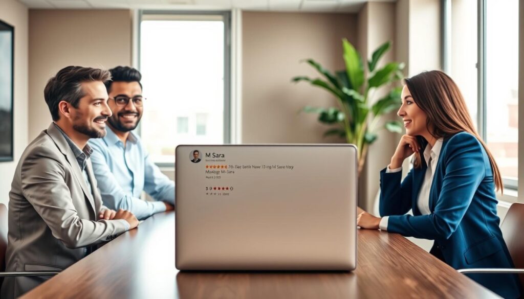 A well-organized image illustrating "M. Sara opinie klientów." In the foreground, feature a diverse group of three professional individuals—two men and one woman—sitting at a modern conference table, engaging in a discussion. The men are in crisp business suits, while the woman wears a smart blouse. In the middle ground, show a sleek laptop displaying customer reviews and ratings of M. Sara on its screen. The background consists of a stylish office setting with soft lighting, large windows letting in natural sunlight, and a plant strategically placed in the corner. The atmosphere is collaborative and positive, evoking a sense of trust and satisfaction surrounding the M. Sara brand. The image should have a warm color palette, emphasizing professionalism and accessibility. A well-organized image illustrating "M. Sara opinie klientów." In the foreground, feature a diverse group of three professional individuals—two men and one woman—sitting at a modern conference table, engaging in a discussion. The men are in crisp business suits, while the woman wears a smart blouse. In the middle ground, show a sleek laptop displaying customer reviews and ratings of M. Sara on its screen. The background consists of a stylish office setting with soft lighting, large windows letting in natural sunlight, and a plant strategically placed in the corner. The atmosphere is collaborative and positive, evoking a sense of trust and satisfaction surrounding the M. Sara brand. The image should have a warm color palette, emphasizing professionalism and accessibility.