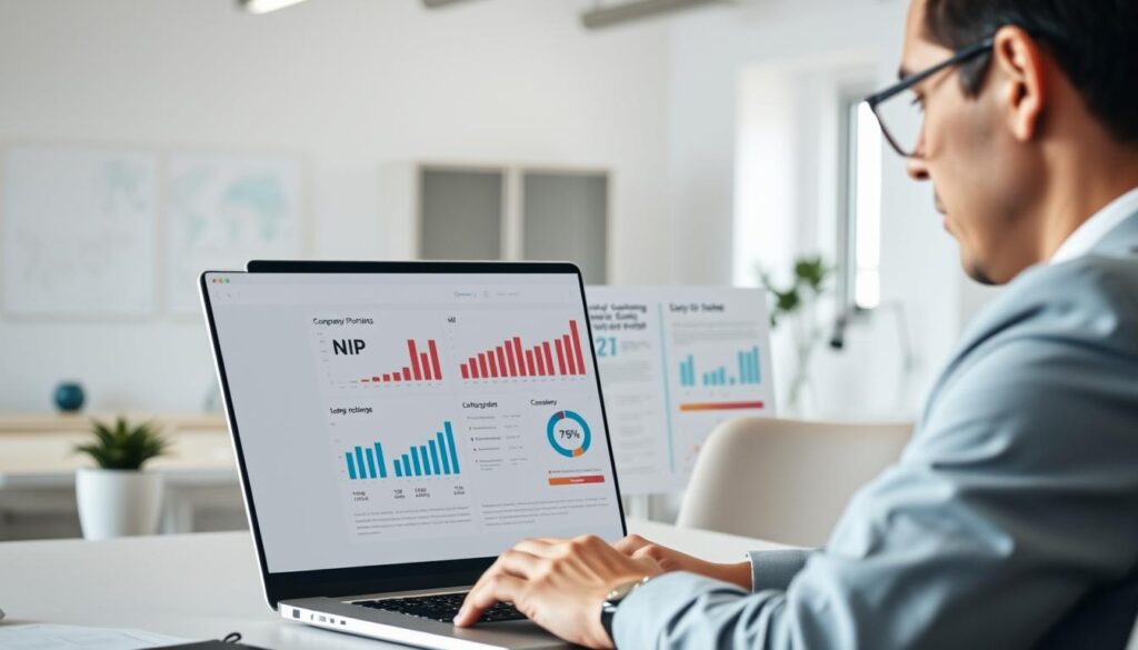 A well-organized office environment in the foreground, featuring a professional-looking person in business attire, focused on a laptop displaying a search interface for NIP information. The middle layer showcases a clear view of printed documents and charts with graphs and data related to company information in Poland, symbolizing what can be retrieved using the NIP. In the background, a modern office space with minimalistic decor and soft lighting creates a balanced, professional atmosphere. The light source is soft and natural, predominantly coming from a nearby window, allowing for a bright yet calm scene. The overall mood is informative and businesslike, emphasizing clarity and accessibility of company data through NIP searches.