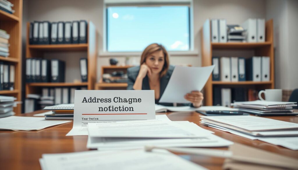 A well-organized office environment showcasing a bureaucratic setting focused on the theme of "address change notification." In the foreground, a polished wooden desk cluttered with forms and documents, including an official "Address Change Notification" form prominently displayed. In the middle ground, a professional individual in business attire (a middle-aged woman) is sitting at the desk, thoughtfully reviewing a document with a focused look. Behind her, shelves filled with binders and files create a sense of order and organization. The background features soft, diffuse lighting highlighting the professionalism of the setting, with a window showing a clear blue sky, suggesting an open and welcoming atmosphere. The overall mood is efficient and formal, encapsulating the seriousness of the process of notifying address changes to the appropriate organization. A well-organized office environment showcasing a bureaucratic setting focused on the theme of "address change notification." In the foreground, a polished wooden desk cluttered with forms and documents, including an official "Address Change Notification" form prominently displayed. In the middle ground, a professional individual in business attire (a middle-aged woman) is sitting at the desk, thoughtfully reviewing a document with a focused look. Behind her, shelves filled with binders and files create a sense of order and organization. The background features soft, diffuse lighting highlighting the professionalism of the setting, with a window showing a clear blue sky, suggesting an open and welcoming atmosphere. The overall mood is efficient and formal, encapsulating the seriousness of the process of notifying address changes to the appropriate organization.