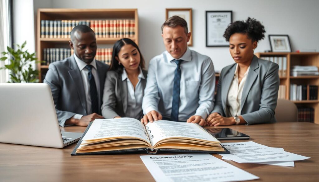 A well-organized office scene illustrating the formal requirements for becoming a lay judge. In the foreground, a diverse group of three individuals, dressed in professional business attire, reviewing legal documents and guidelines on a large table. The middle ground features an open folder labeled "Requirements for Lay Judge" with bullet points visible, alongside a laptop displaying relevant legal texts. In the background, bookshelves filled with legal books and a framed certificate on the wall give a scholarly atmosphere. Soft, natural lighting highlights the focused expressions of the individuals, while the composition suggests collaboration and professionalism. The mood is serious yet approachable, emphasizing the significance of the formal requirements for this role. A well-organized office scene illustrating the formal requirements for becoming a lay judge. In the foreground, a diverse group of three individuals, dressed in professional business attire, reviewing legal documents and guidelines on a large table. The middle ground features an open folder labeled "Requirements for Lay Judge" with bullet points visible, alongside a laptop displaying relevant legal texts. In the background, bookshelves filled with legal books and a framed certificate on the wall give a scholarly atmosphere. Soft, natural lighting highlights the focused expressions of the individuals, while the composition suggests collaboration and professionalism. The mood is serious yet approachable, emphasizing the significance of the formal requirements for this role.