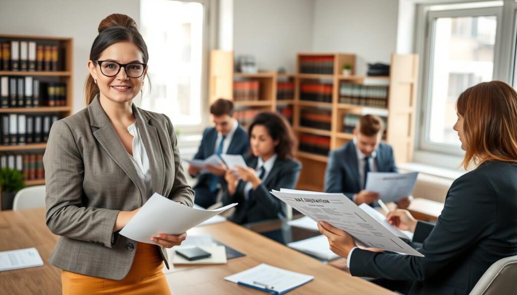 A well-organized office space featuring a diverse group of professionals engaged in a discussion about VAT registration. In the foreground, a confident businesswoman holding documents related to VAT registration stands at a conference table, wearing a smart blazer and glasses. In the middle ground, a diverse team of men and women in business attire is seated, actively taking notes and analyzing paperwork. The background includes shelves filled with legal books and materials related to taxes and finance. The lighting is bright and natural, coming from large windows, creating a productive and collaborative atmosphere. The lens captures the scene in a wide view, emphasizing the importance of teamwork in navigating VAT regulations. A well-organized office space featuring a diverse group of professionals engaged in a discussion about VAT registration. In the foreground, a confident businesswoman holding documents related to VAT registration stands at a conference table, wearing a smart blazer and glasses. In the middle ground, a diverse team of men and women in business attire is seated, actively taking notes and analyzing paperwork. The background includes shelves filled with legal books and materials related to taxes and finance. The lighting is bright and natural, coming from large windows, creating a productive and collaborative atmosphere. The lens captures the scene in a wide view, emphasizing the importance of teamwork in navigating VAT regulations.