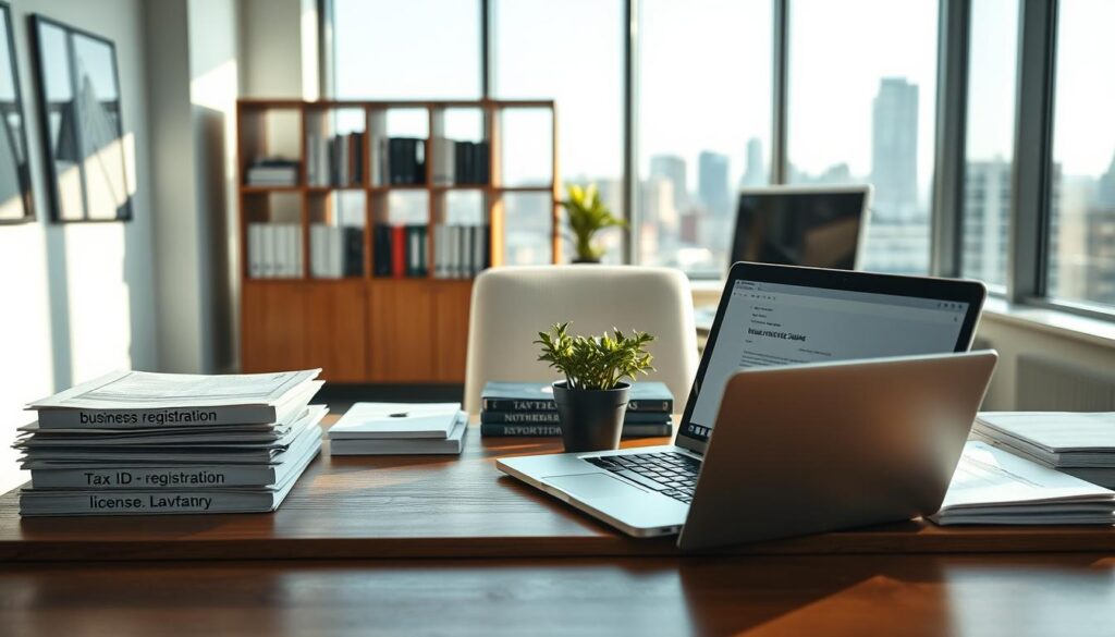 A well-organized office space filled with essential startup documentation and resources. In the foreground, a sleek wooden desk with a laptop open to a business plan, surrounded by neatly stacked files labeled with terms like "business registration," "tax ID," and "licensing." In the middle, a modern bookshelf showcases books on entrepreneurship and law, with a small indoor plant adding greenery. In the background, large windows flood the room with natural light, casting soft shadows, while a city skyline is visible outside, symbolizing opportunities. The atmosphere is professional and focused, evoking a sense of motivation and ambition among aspiring business owners. The room is designed to inspire action and clarity in the formalities of starting a company.