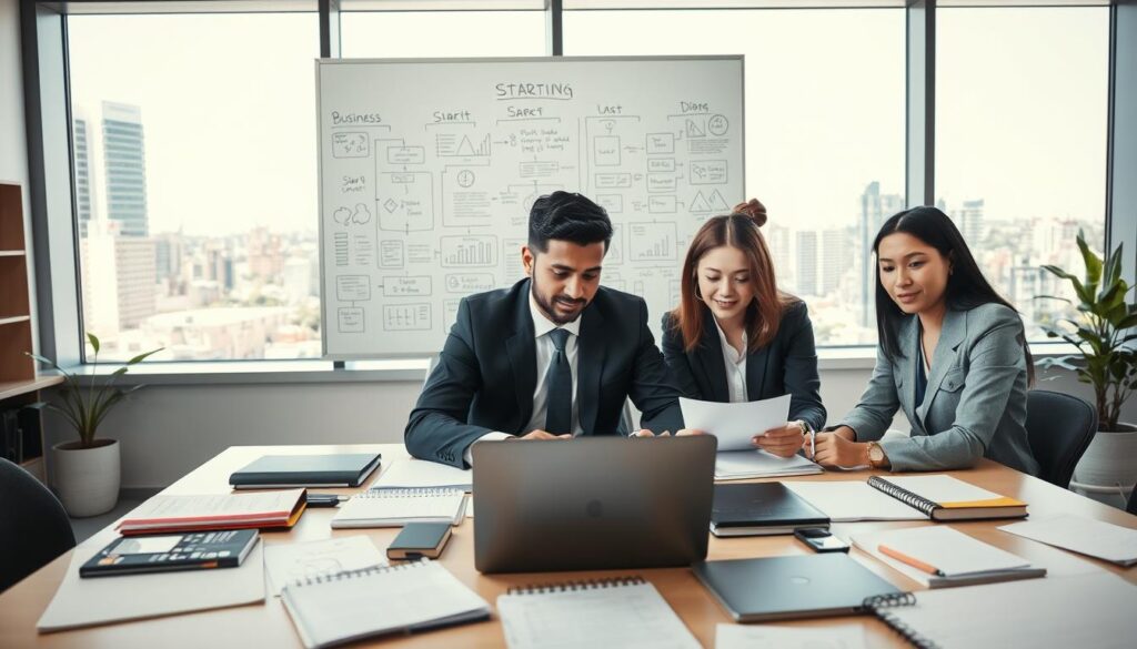 A well-organized, professional workspace depicting the process of starting a business. In the foreground, a diverse group of three individuals, dressed in smart business attire, are engaged in a brainstorming session over a large table filled with notebooks, a laptop, and various documents. The middle layer showcases a large whiteboard filled with flowcharts, ideas, and graphs concerning business planning. In the background, large windows let in natural light, revealing a lively urban landscape outside, symbolizing opportunities. The setting conveys a serious yet optimistic atmosphere, emphasizing collaboration and strategic thinking. The lighting is bright and inviting, with a slight focus on the individuals to showcase their engagement and determination.