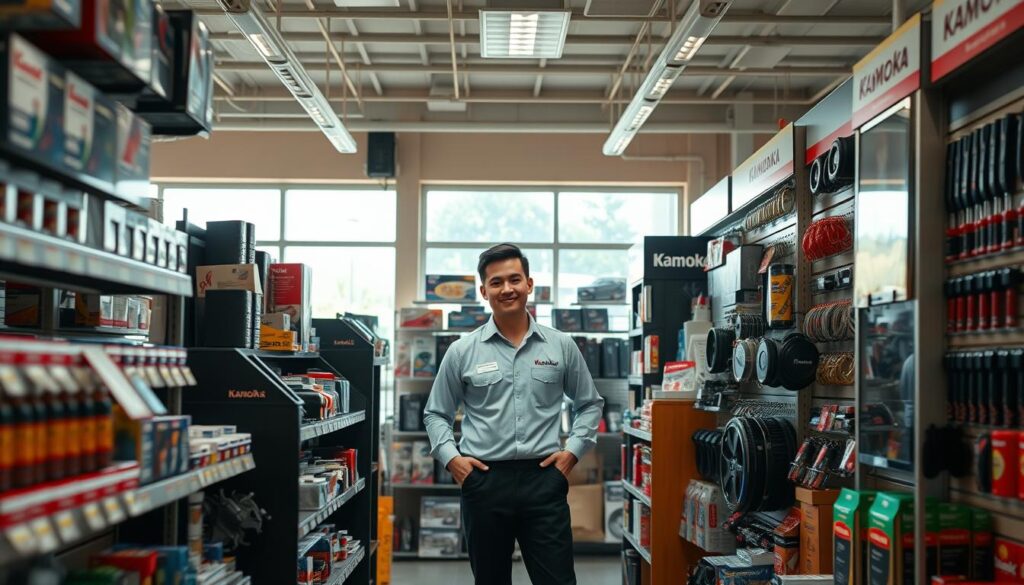 A well-organized retail space showcasing various Kamoka products, emphasizing accessibility and availability. In the foreground, neatly arranged shelves display a diverse range of automotive parts and accessories, with a focus on quality items. The middle ground features a friendly store representative in professional attire engaging with a customer, highlighting excellent service. The background is filled with bright, natural lighting filtering through large windows, creating an inviting atmosphere. Utilize a low-angle perspective to capture the vibrancy of the store, evoking a sense of reliability and trust. The overall mood is warm and welcoming, emphasizing the company's commitment to customer satisfaction and product availability.