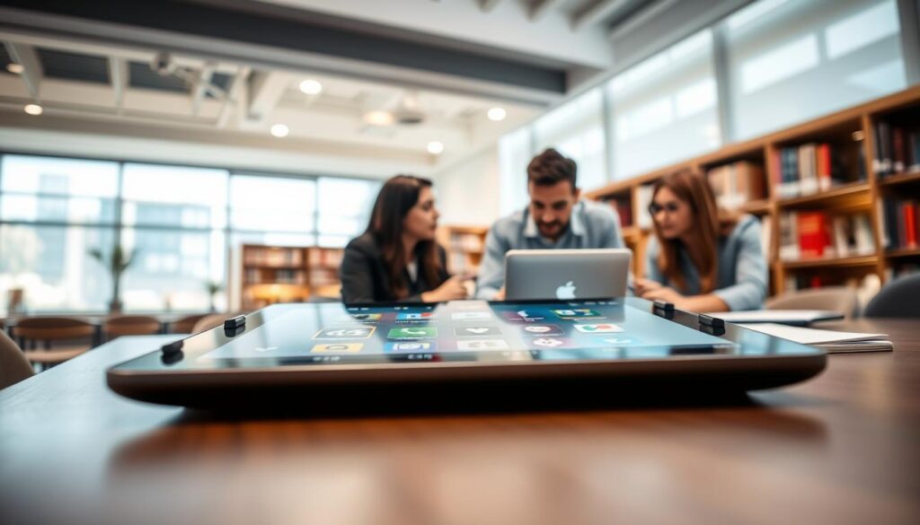 A well-organized study desk in a modern, well-lit university setting. In the foreground, a sleek tablet is prominently displayed, showcasing its vibrant screen filled with educational apps and digital notes. In the middle ground, a diverse group of students, dressed in smart casual attire, engage in a discussion about technology, leaning over a laptop and sharing insights. The background reveals a cozy library ambiance with bookshelves lined with textbooks and soft lighting, creating an inviting atmosphere. The angle captures the interaction among the students while highlighting the tablet as a crucial tool for their academic journey. The overall mood is collaborative and focused, encapsulating the essence of student life and technology. A well-organized study desk in a modern, well-lit university setting. In the foreground, a sleek tablet is prominently displayed, showcasing its vibrant screen filled with educational apps and digital notes. In the middle ground, a diverse group of students, dressed in smart casual attire, engage in a discussion about technology, leaning over a laptop and sharing insights. The background reveals a cozy library ambiance with bookshelves lined with textbooks and soft lighting, creating an inviting atmosphere. The angle captures the interaction among the students while highlighting the tablet as a crucial tool for their academic journey. The overall mood is collaborative and focused, encapsulating the essence of student life and technology.