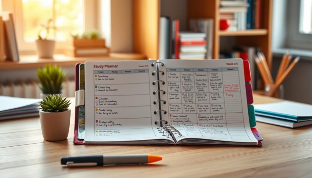 A well-organized study planner on a clean, wooden desk, showcasing various sections for scheduling classes, assignments, and deadlines. The planner should have colorful tabs and sections, emphasizing a practical design, opened to a week view filled with handwritten notes and reminders. In the foreground, a neatly placed pen and a highlighter, while a small potted plant adds a touch of greenery. The background features a softly blurred shelf filled with books and stationery, creating a study environment. Natural light filters through a nearby window, casting a warm glow across the scene, enhancing a calm and productive atmosphere. The image captures the essence of effective study organization, conveying focus and diligence. A well-organized study planner on a clean, wooden desk, showcasing various sections for scheduling classes, assignments, and deadlines. The planner should have colorful tabs and sections, emphasizing a practical design, opened to a week view filled with handwritten notes and reminders. In the foreground, a neatly placed pen and a highlighter, while a small potted plant adds a touch of greenery. The background features a softly blurred shelf filled with books and stationery, creating a study environment. Natural light filters through a nearby window, casting a warm glow across the scene, enhancing a calm and productive atmosphere. The image captures the essence of effective study organization, conveying focus and diligence.
