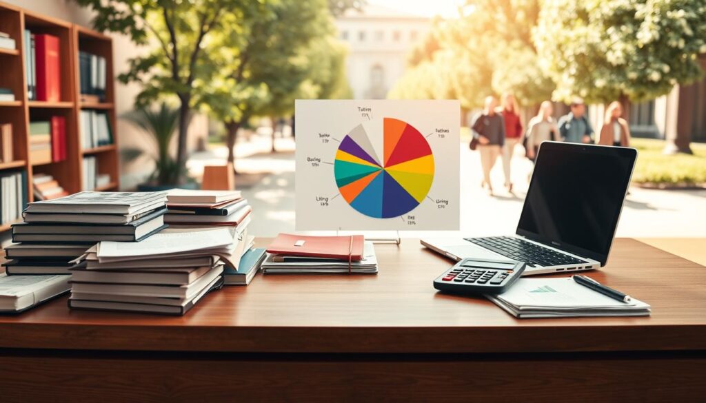 A well-organized study space showcasing the costs associated with education. In the foreground, a wooden desk cluttered with textbooks, a laptop, and a calculator, symbolizing the financial aspects of studying. In the middle ground, a pie chart on a wall displaying various expenses like tuition, books, and living costs, with colorful segments for visual clarity. The background features a bright university campus scene with students walking, emphasizing an academic atmosphere. Soft, natural lighting highlights the desk and emphasizes focus. The angle is slightly elevated, providing a comprehensive view of the study space while keeping the mood focused yet inspiring, reflecting the journey of education and its costs.
