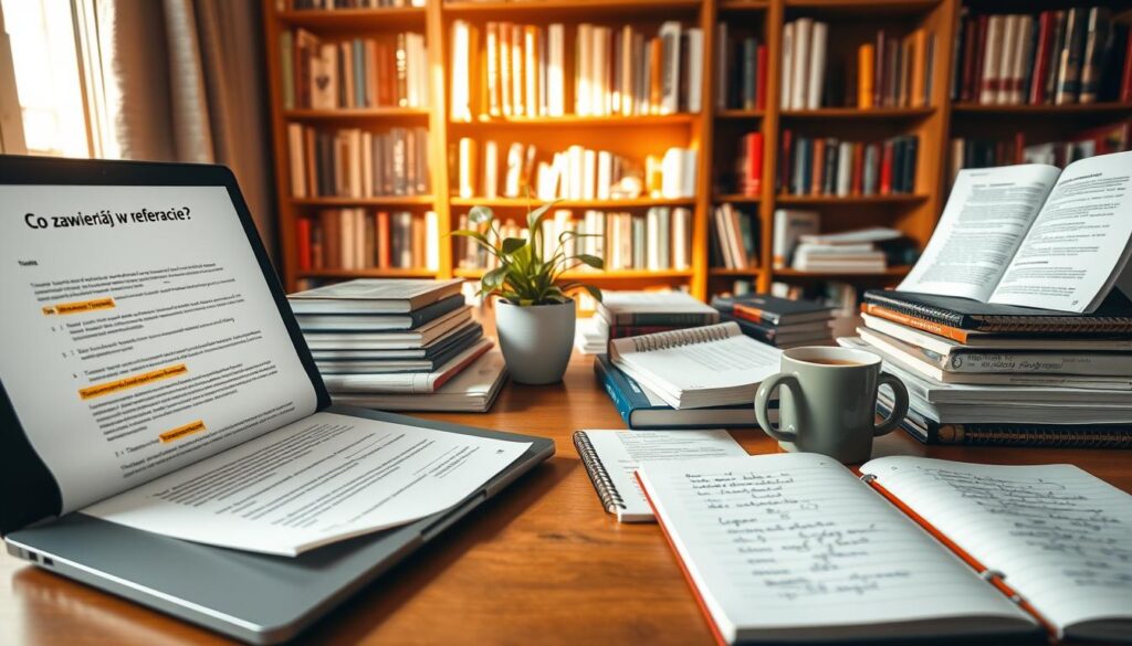 A well-organized workspace featuring a wooden desk cluttered with neatly arranged items related to academic research. In the foreground, there is an open laptop displaying a document titled "Co zawierać w referacie?" with highlighted sections. Beside it, a stack of books on essay writing, a notebook filled with handwritten notes, and a steaming cup of coffee. In the middle, a potted plant adds a touch of greenery, and a bookshelf filled with various academic texts looms in the background. The scene is illuminated by warm, natural light streaming through a window. The overall atmosphere is one of focus and productivity, capturing the essence of preparing an informative and structured report. A well-organized workspace featuring a wooden desk cluttered with neatly arranged items related to academic research. In the foreground, there is an open laptop displaying a document titled "Co zawierać w referacie?" with highlighted sections. Beside it, a stack of books on essay writing, a notebook filled with handwritten notes, and a steaming cup of coffee. In the middle, a potted plant adds a touch of greenery, and a bookshelf filled with various academic texts looms in the background. The scene is illuminated by warm, natural light streaming through a window. The overall atmosphere is one of focus and productivity, capturing the essence of preparing an informative and structured report.