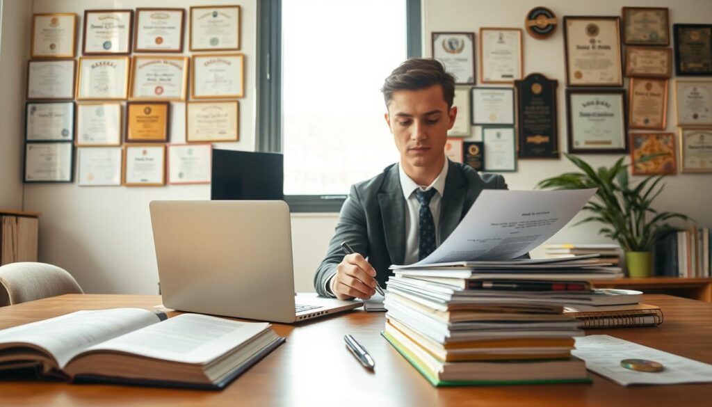 A well-organized workspace illustrating regulations for preparing for a thesis defense. In the foreground, a neatly arranged desk with open books, a laptop displaying a legal document, and a stack of academic papers. In the middle, a professional student, dressed in smart casual attire, is diligently reviewing notes, focusing with a concentrated expression. The background features a large window allowing natural light to pour in, illuminating a wall filled with educational certificates and academic awards. The atmosphere is calm and scholarly, emphasizing a sense of seriousness and preparation. The lighting is warm and inviting, creating a conducive environment for study and reflection, shot at eye-level for a personal touch. A well-organized workspace illustrating regulations for preparing for a thesis defense. In the foreground, a neatly arranged desk with open books, a laptop displaying a legal document, and a stack of academic papers. In the middle, a professional student, dressed in smart casual attire, is diligently reviewing notes, focusing with a concentrated expression. The background features a large window allowing natural light to pour in, illuminating a wall filled with educational certificates and academic awards. The atmosphere is calm and scholarly, emphasizing a sense of seriousness and preparation. The lighting is warm and inviting, creating a conducive environment for study and reflection, shot at eye-level for a personal touch.
