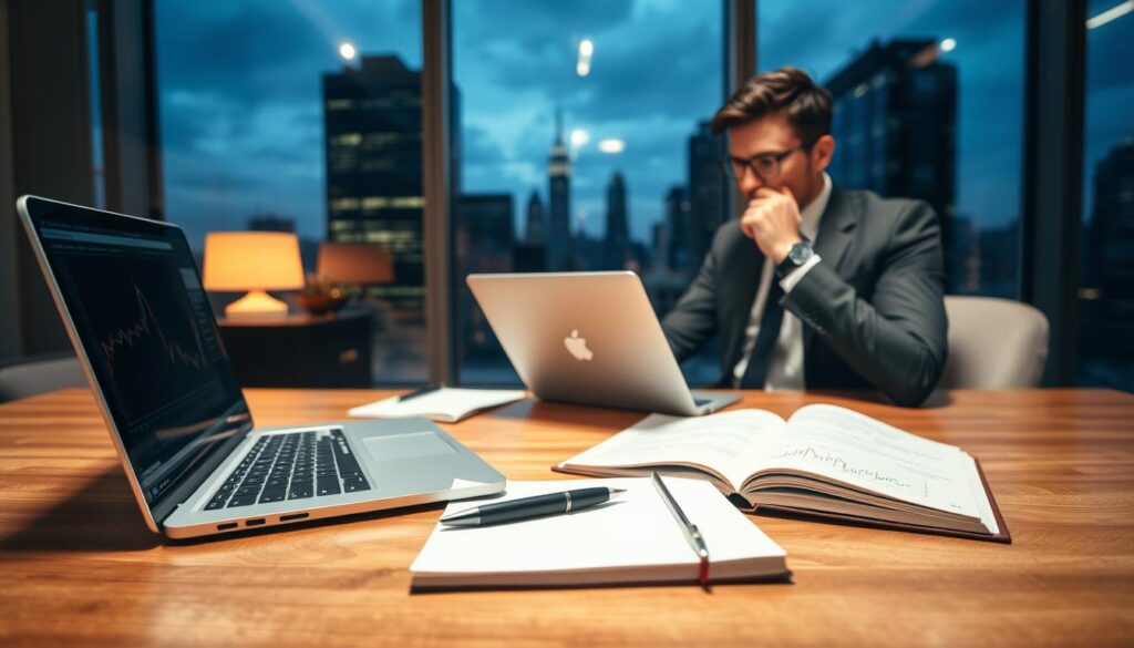 A well-organized workspace symbolizes "strategies for income" in a sophisticated manner. In the foreground, place a sleek wooden desk with a laptop open to a financial analysis software, alongside a notepad filled with neatly written notes and a stylish pen. In the middle, a person dressed in formal business attire, deep in thought while reviewing charts on their laptop—an air of determination evident in their focused expression. In the background, large windows reveal a city skyline at dusk, with soft, ambient lighting that casts a warm glow over the room, enhancing a feeling of ambition and success. The overall atmosphere is motivating and professional, suggesting the theme of financial strategies leading to wealth.